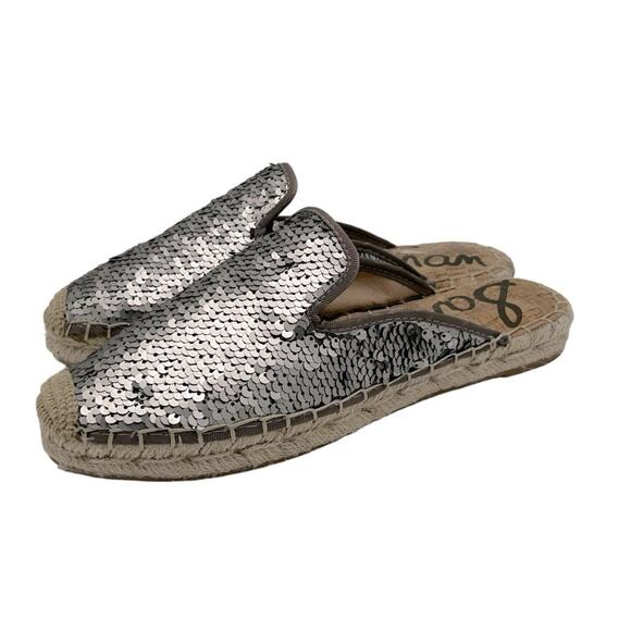 Sam Edelman Kerry Espadrille Womens Size 7 Silver Pewter Sequin Indie Boho Mules - Picture 1 of 5